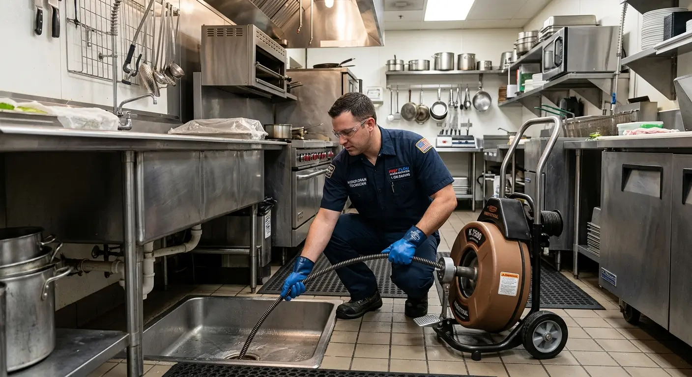 Commercial drain cleaning service in a restaurant kitchen in Waynesville