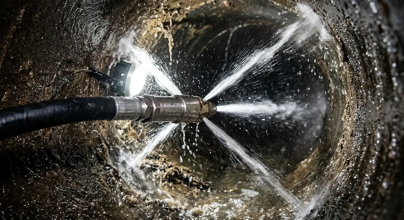 High-pressure hydro jetting nozzle cleaning sewer pipe for Emergency Drain Service in Waynesville