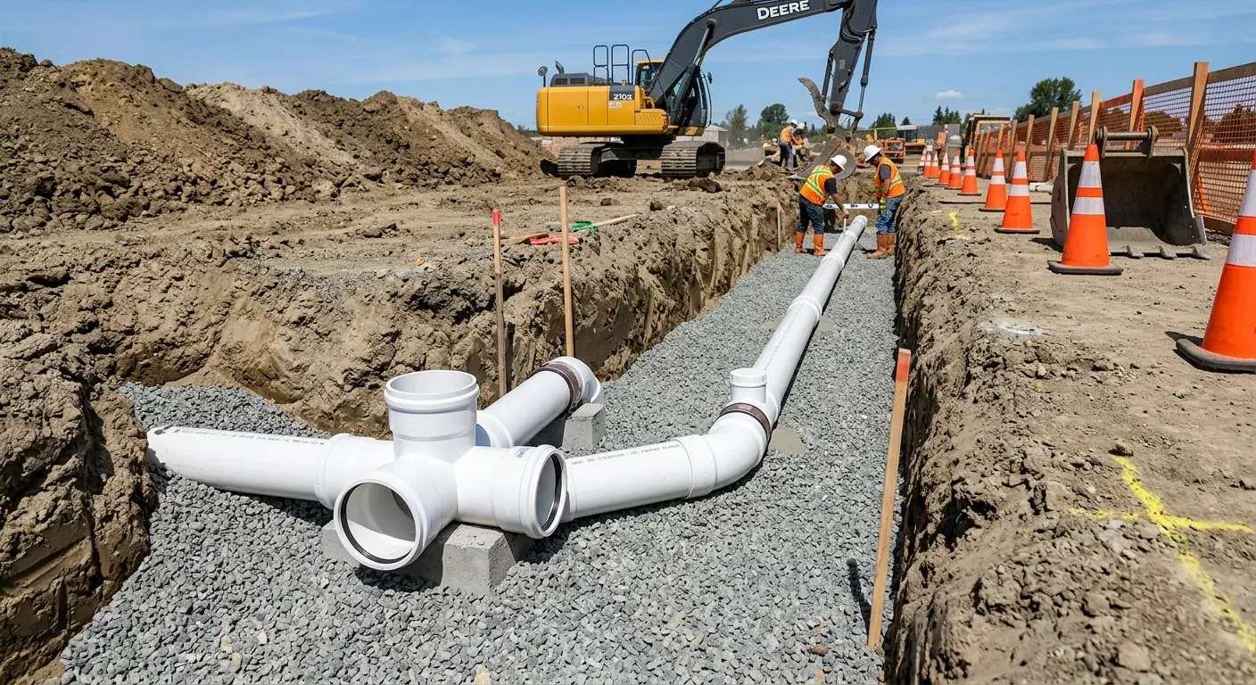 New PVC sewer pipe installation in open trench for Sewer Backup in Waynesville