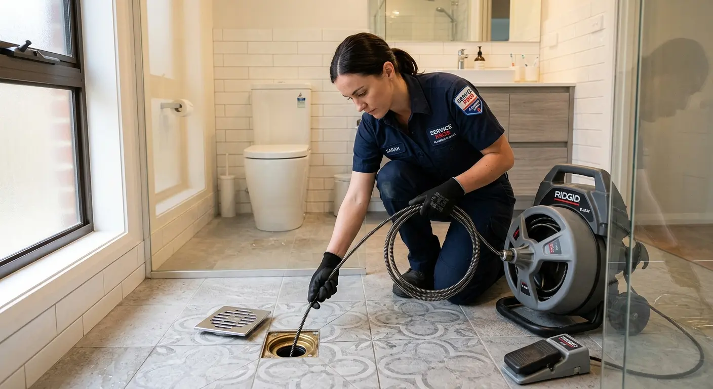 Technician clearing a bathroom floor drain for Drain Repair in Waynesville